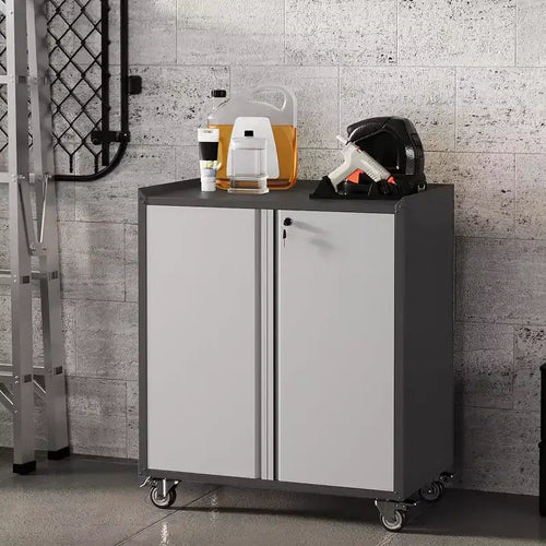 35.43H Locking Metal Cabinet with Door - Rolling Garage Storage with Shelves & Top Workbench (Fence Design) for Garage, Home, Office