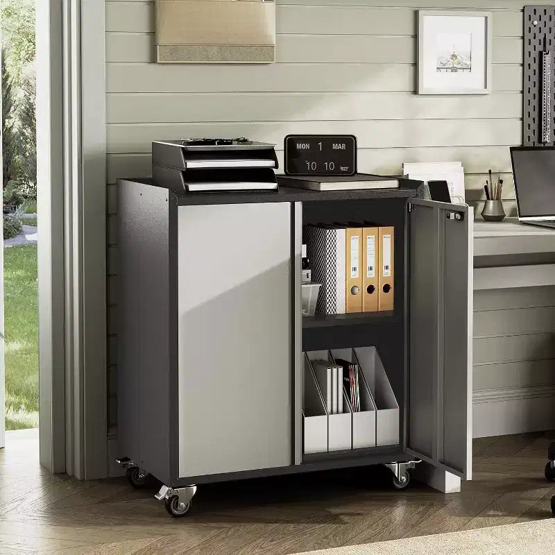 Meuble de rangement métallique verrouillable de 89,9 cm de haut avec porte - Armoire roulante de garage avec étagères et plan de travail supérieur (motif de clôture) pour garage, maison, bureau