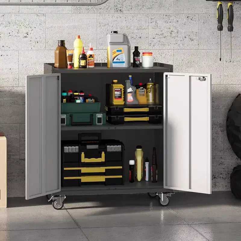 Meuble de rangement métallique verrouillable de 89,9 cm de haut avec porte - Armoire roulante de garage avec étagères et plan de travail supérieur (motif de clôture) pour garage, maison, bureau