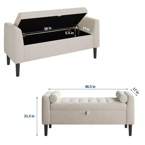 Banc de rangement Ottoman de 46,5 po – Banc de bout de lit rembourré avec capitonnage pour chambre à coucher, entrée