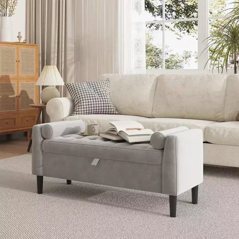 Banc de rangement Ottoman de 46,5 po – Banc de bout de lit rembourré avec capitonnage pour chambre à coucher, entrée