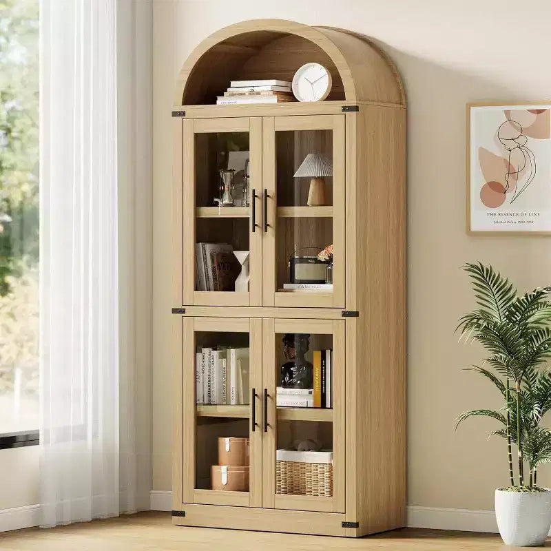 Coolmee Étagère arche avec portes, étagères de rangement rustiques, bibliothèque arrondie en bois de 181 cm de haut pour salon, cuisine, bureau