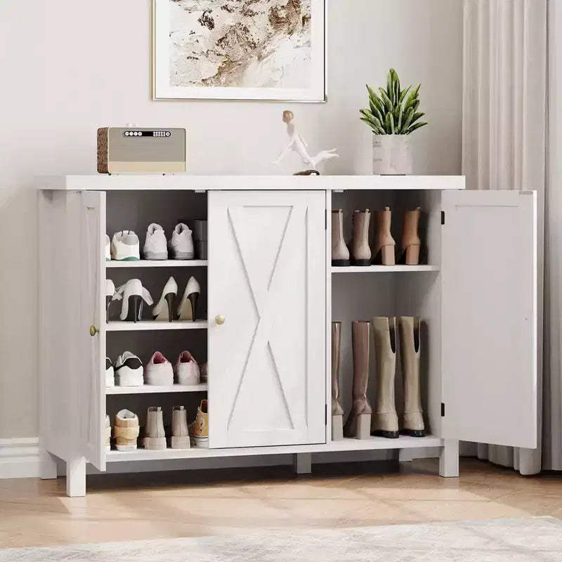 Meuble à chaussures 4 niveaux Coolmee avec portes, meuble à chaussures de style fermier de 89 cm pour entrée, grand meuble de rangement à chaussures pour salon ou couloir