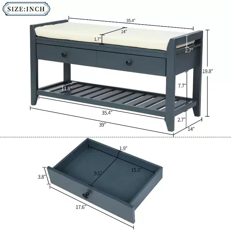 Banc de rangement d'entrée avec étagère à chaussures, 2 tiroirs et coussin, banc à chaussures pour entrée, couloir, hall d'entrée, salon, banc de bout de lit pour chambre à coucher