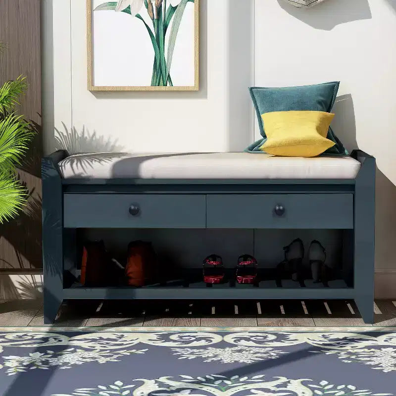 Banc de rangement d'entrée avec étagère à chaussures, 2 tiroirs et coussin, banc à chaussures pour entrée, couloir, hall d'entrée, salon, banc de bout de lit pour chambre à coucher