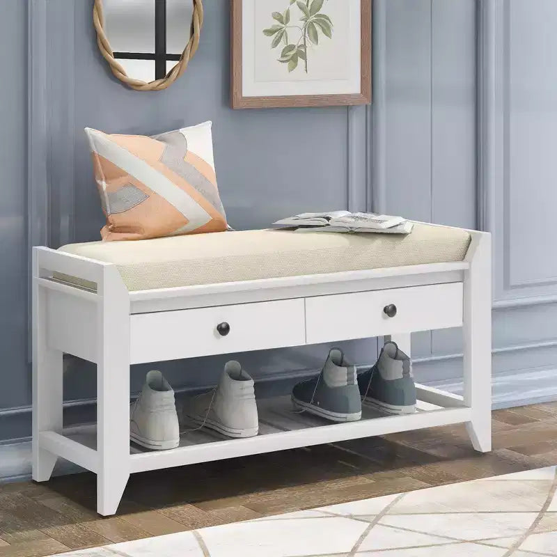 Banc de rangement d'entrée avec étagère à chaussures, 2 tiroirs et coussin, banc à chaussures pour entrée, couloir, hall d'entrée, salon, banc de bout de lit pour chambre à coucher