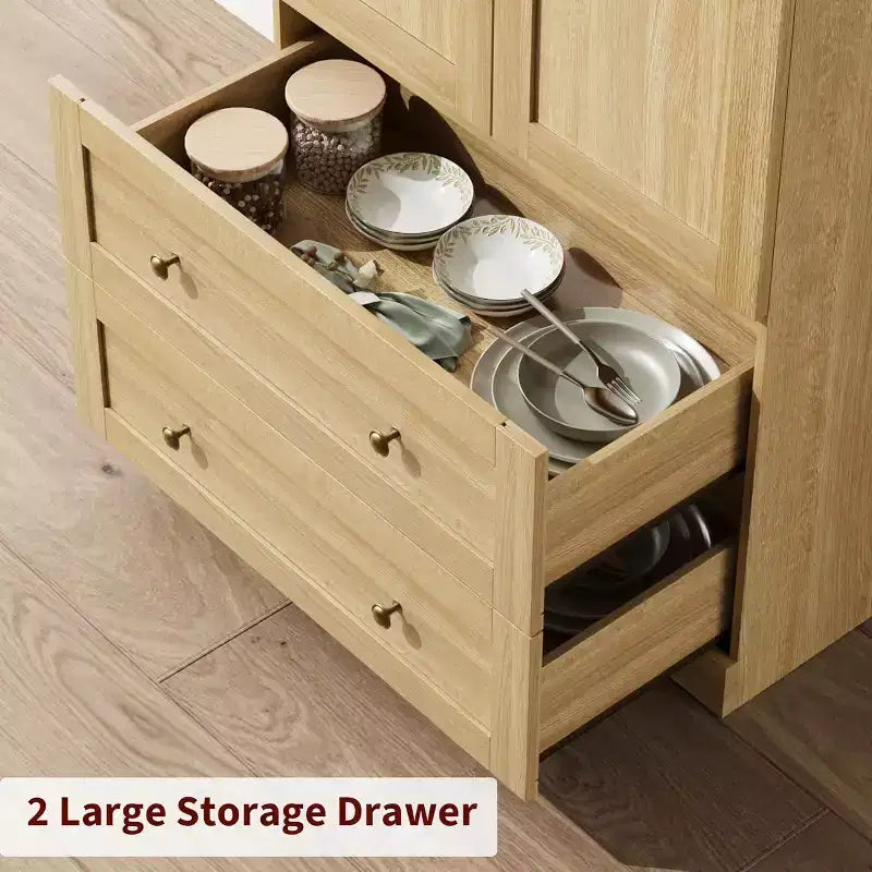 Meuble de cuisine de 72 po de haut avec portes et tiroirs en bois/verre, étagères de rangement en bois, grande armoire autoportante de style ferme pour la salle à manger