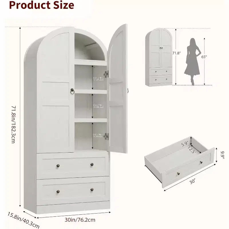 Meuble de cuisine de 72 po de haut avec portes et tiroirs en bois/verre, étagères de rangement en bois, grande armoire autoportante de style ferme pour la salle à manger