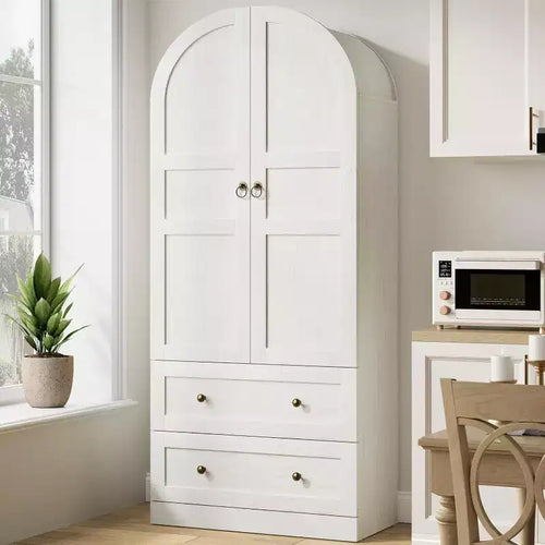 72 Tall Kitchen Pantry Cabinet with Wood/Glass Doors & Drawers, Wood Arch Storage Shelves, Farmhouse Freestanding Large Cupboard for Dining