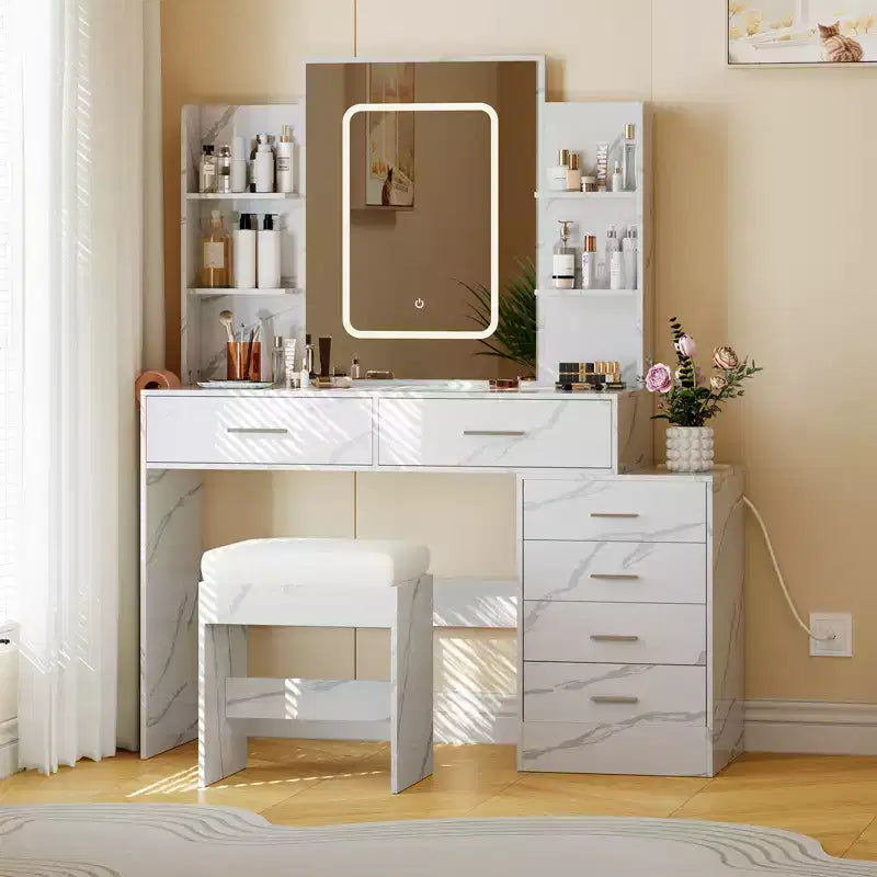 COZONY Coiffeuse avec Miroir et Lumières, Table de Maquillage avec 6 Tiroirs, Étagères, Station de Charge, Tabouret et Éclairage Réglable 3 Couleurs