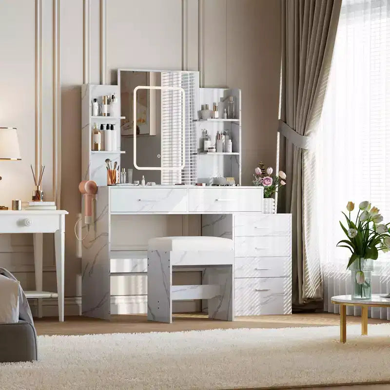 COZONY Coiffeuse avec Miroir et Lumières, Table de Maquillage avec 6 Tiroirs, Étagères, Station de Charge, Tabouret et Éclairage Réglable 3 Couleurs