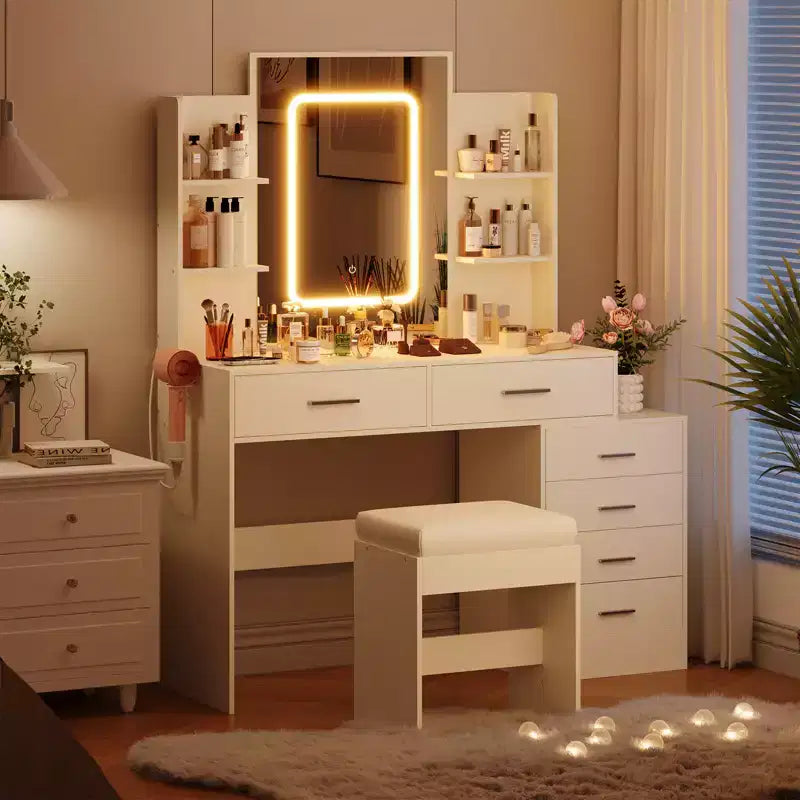COZONY Coiffeuse avec Miroir et Lumières, Table de Maquillage avec 6 Tiroirs, Étagères, Station de Charge, Tabouret et Éclairage Réglable 3 Couleurs