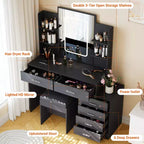COZONY Coiffeuse avec Miroir et Lumières, Table de Maquillage avec 6 Tiroirs, Étagères, Station de Charge, Tabouret et Éclairage Réglable 3 Couleurs