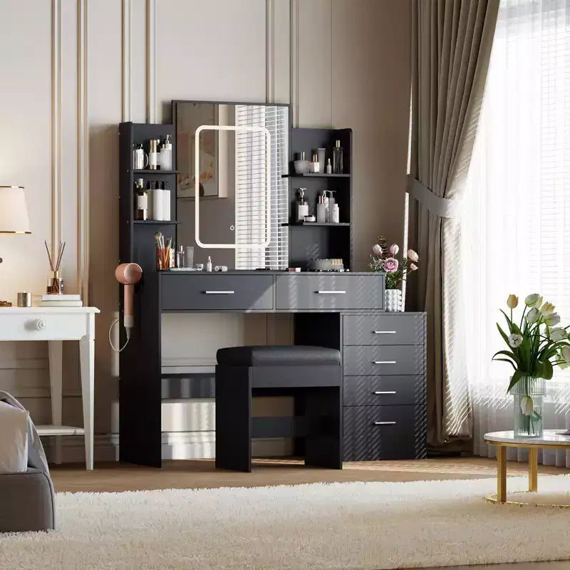COZONY Coiffeuse avec Miroir et Lumières, Table de Maquillage avec 6 Tiroirs, Étagères, Station de Charge, Tabouret et Éclairage Réglable 3 Couleurs