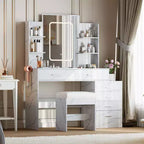 COZONY Coiffeuse avec Miroir et Lumières, Table de Maquillage avec 6 Tiroirs, Étagères, Station de Charge, Tabouret et Éclairage Réglable 3 Couleurs
