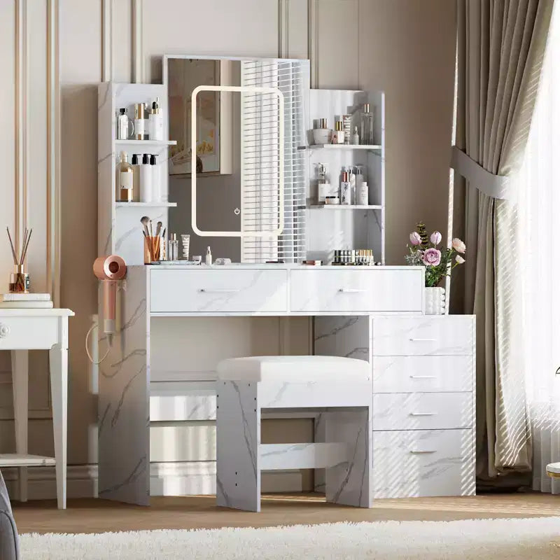 COZONY Coiffeuse avec Miroir et Lumières, Table de Maquillage avec 6 Tiroirs, Étagères, Station de Charge, Tabouret et Éclairage Réglable 3 Couleurs
