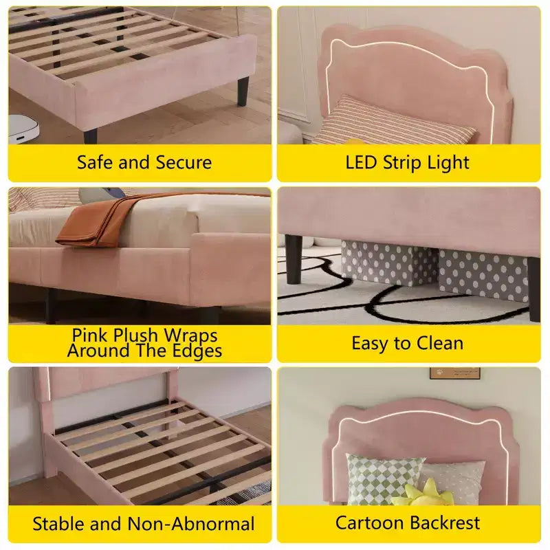 Cadre de lit double en velours COZONY avec tête de lit réglable, lit plateforme de princesse avec lattes en bois, aucun sommier tapissier requis