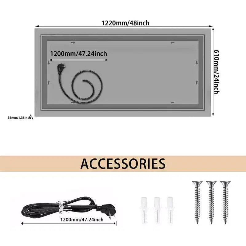 Miroir de Salle de Bain LED Rétroéclairage RGB Lumière Frontale Anti-Buée Dimmable Mural Miroir de Maquillage Contrôle Tactile Luminosité Réglable 48 x 24 pouces