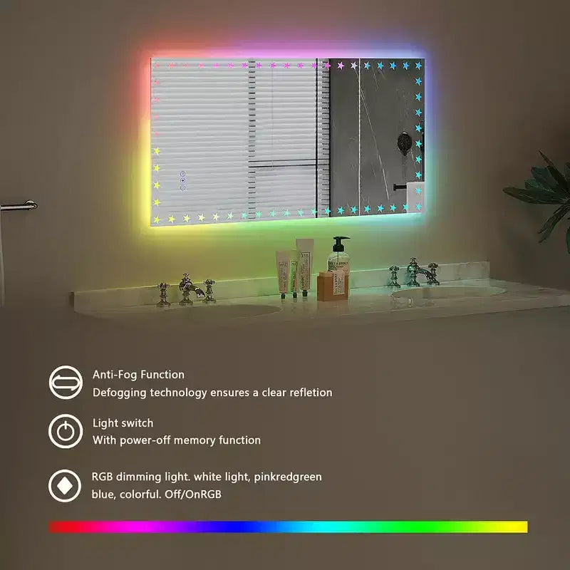 Miroir de Salle de Bain LED Rétroéclairage RGB Lumière Frontale Anti-Buée Dimmable Mural Miroir de Maquillage Contrôle Tactile Luminosité Réglable 48 x 24 pouces
