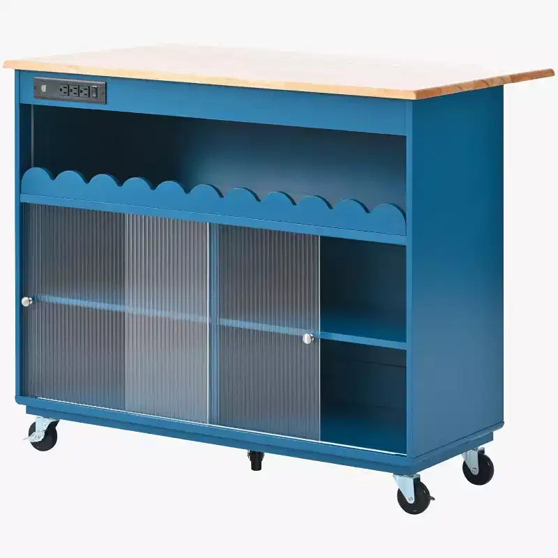 Îlot de cuisine roulant Acekool avec portes coulissantes en verre cannelé, éclairage d'ambiance, comptoir en bois d'hévéa, prises électriques, bleu gris