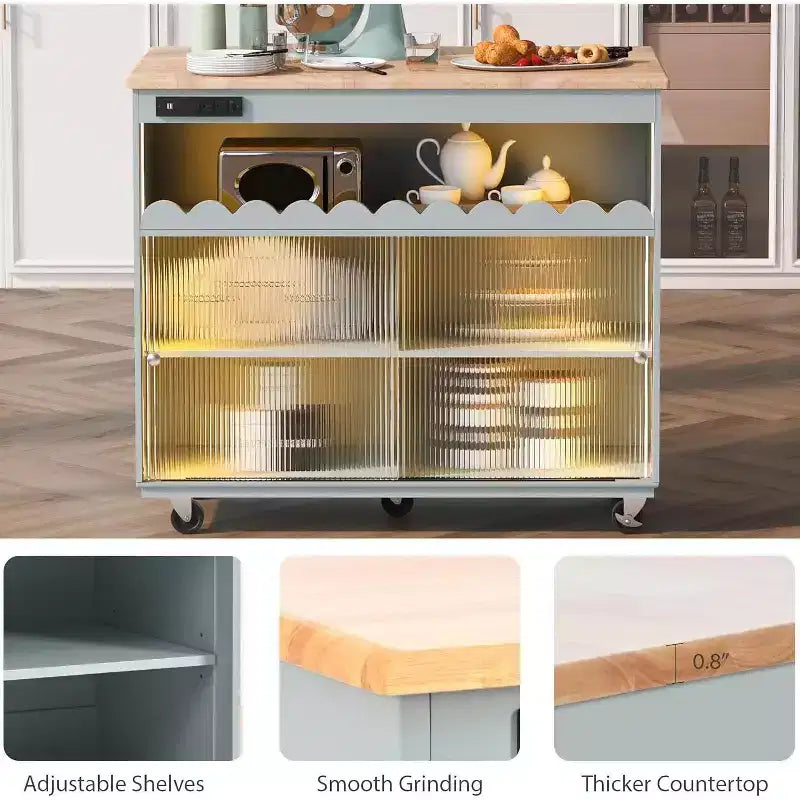 Îlot de cuisine roulant Acekool avec portes coulissantes en verre cannelé, éclairage d'ambiance, comptoir en bois d'hévéa, prises électriques, bleu gris