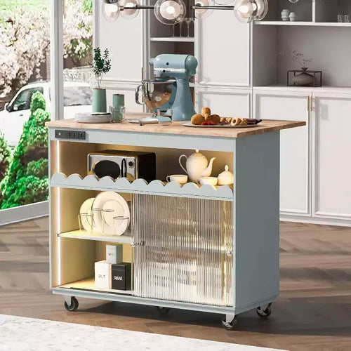Acekool Rolling Kitchen Island with Sliding Fluted Glass Doors, Ambient Glow, Rubberwood Countertop, Power Outlets, Gray Blue
