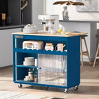 Îlot de cuisine roulant Acekool avec portes coulissantes en verre cannelé, éclairage d'ambiance, comptoir en bois d'hévéa, prises électriques, bleu gris