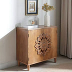 Meuble de rangement Okak avec portes 2 en bois et motif floral sculpté à la main, meuble d'entrée pour salon, cuisine, marron