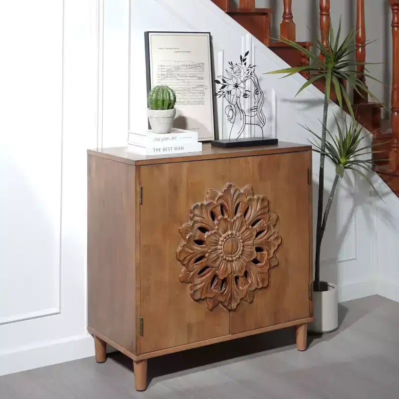 Meuble de rangement Okak avec portes 2 en bois et motif floral sculpté à la main, meuble d'entrée pour salon, cuisine, marron