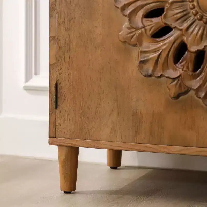 Meuble de rangement Okak avec portes 2 en bois et motif floral sculpté à la main, meuble d'entrée pour salon, cuisine, marron