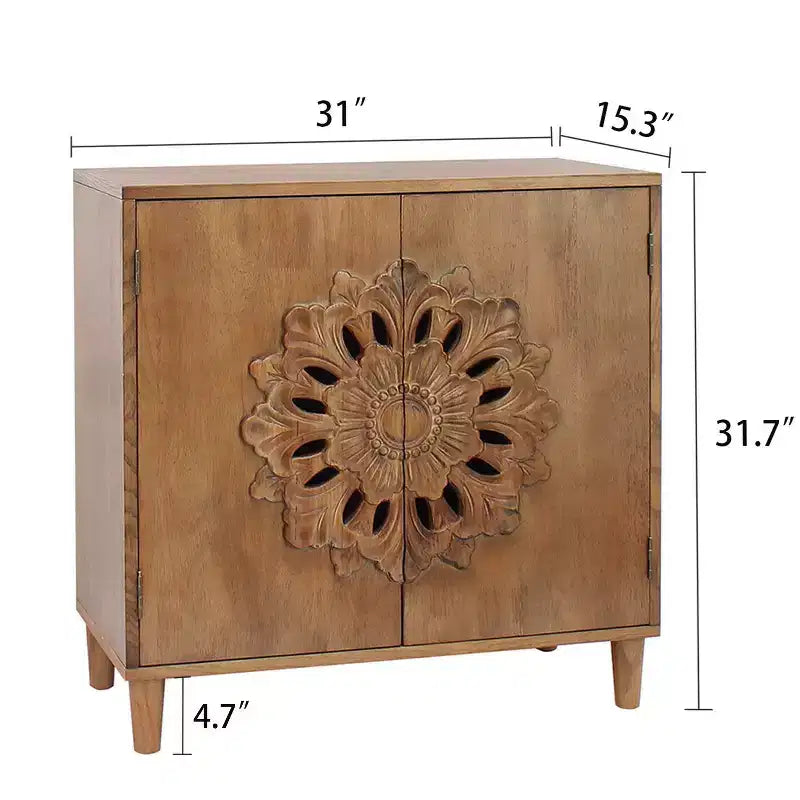 Meuble de rangement Okak avec portes 2 en bois et motif floral sculpté à la main, meuble d'entrée pour salon, cuisine, marron