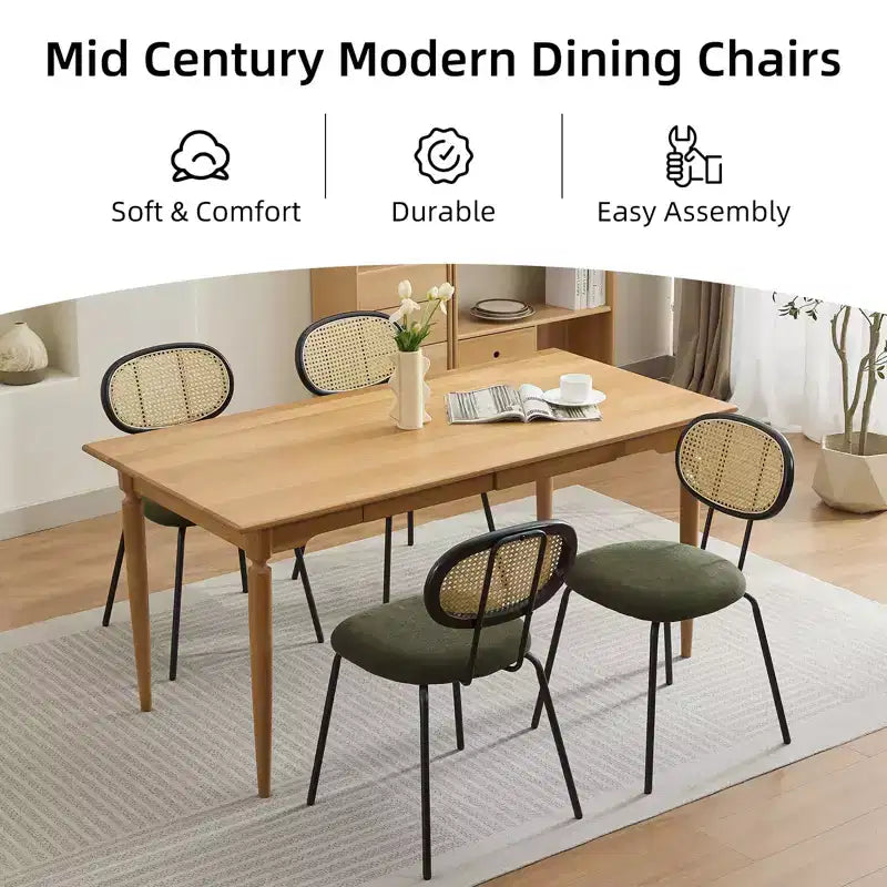 Lot de 2 chaises de salle à manger - Rembourrage en velours, style moderne du milieu du siècle, dossier en rotin, pieds en métal robustes, parfaites pour la cuisine, le salon, la réception.