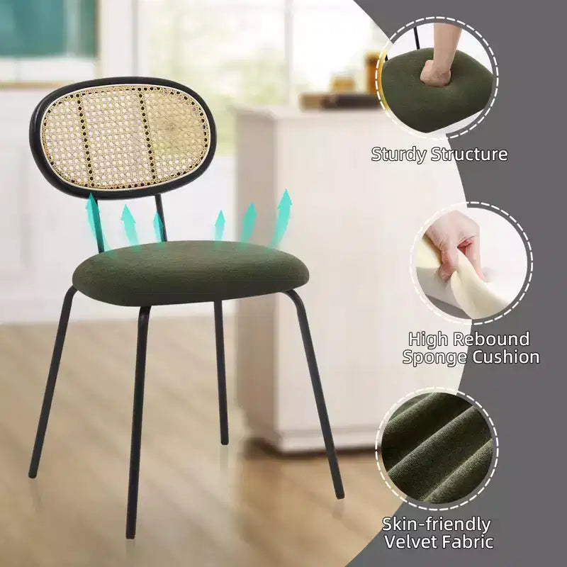 Lot de 2 chaises de salle à manger - Rembourrage en velours, style moderne du milieu du siècle, dossier en rotin, pieds en métal robustes, parfaites pour la cuisine, le salon, la réception.