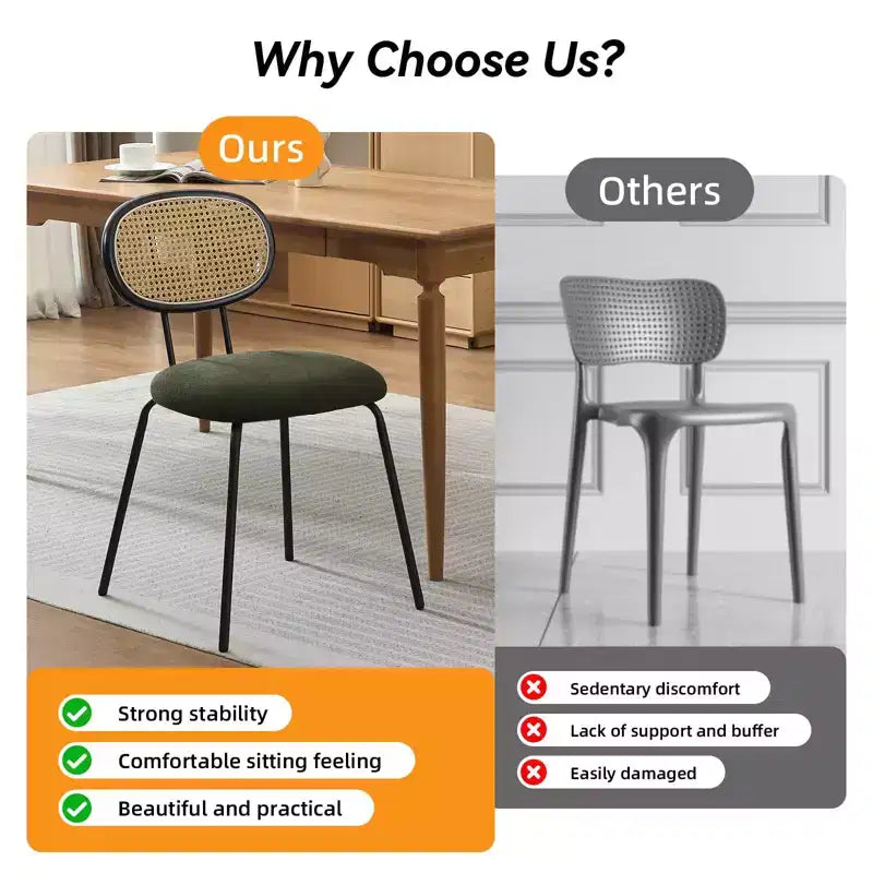 Lot de 2 chaises de salle à manger - Rembourrage en velours, style moderne du milieu du siècle, dossier en rotin, pieds en métal robustes, parfaites pour la cuisine, le salon, la réception.
