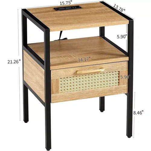 Table de chevet Acekool en rotin avec station de charge, tiroir et étagère ouverte, table d'appoint compacte pour chambre et salon, naturelle