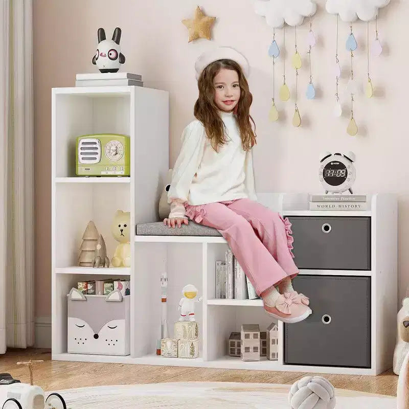 Étagère pour livres pour enfantsBibliothèque pour enfants avec coussin d'assise doux Meuble de rangement pour jouets et coin lecture pour enfants, Meuble de rangement pour enfants de 112 cm