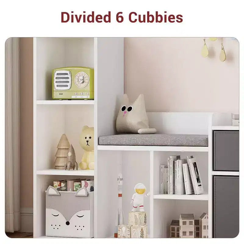 Étagère pour livres pour enfantsBibliothèque pour enfants avec coussin d'assise doux Meuble de rangement pour jouets et coin lecture pour enfants, Meuble de rangement pour enfants de 112 cm