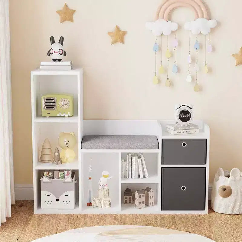 Étagère pour livres pour enfantsBibliothèque pour enfants avec coussin d'assise doux Meuble de rangement pour jouets et coin lecture pour enfants, Meuble de rangement pour enfants de 112 cm