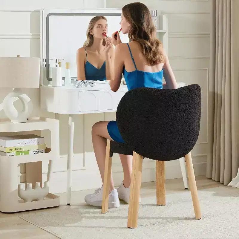 Cute Vanity Chair with Love Backrest, Modern Makeup Vanity Stool Teddy Fabric for Dressing Home Office Bedroom Dinning Room and Living Room