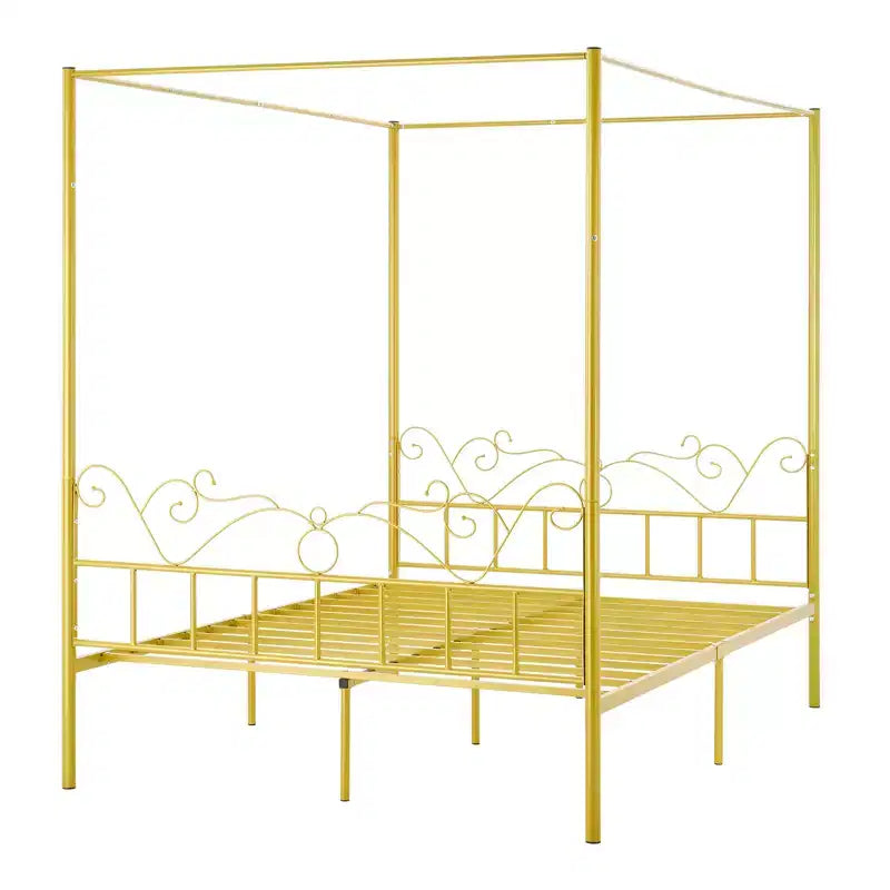 VEVOR Queen Size Canopy Bed Frame, Metal Canopy Bed with Minimalist Headboard & Four Posters Design, Heavy Duty Steel Slats Support, Gold