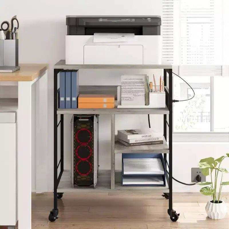 Support d'imprimante, Chariot d'imprimante mobile à 4 niveaux avec 2 prises et 2 ports USB - Support industriel à roulettes (Bureau à domicile/Scanner/Télécopieur)