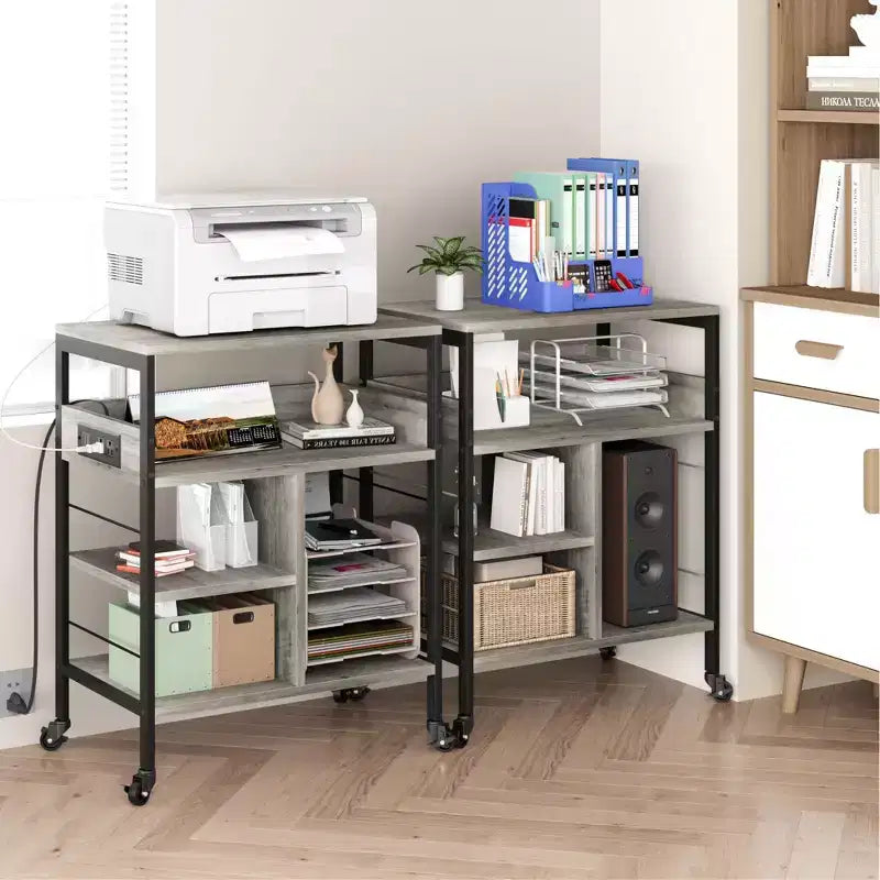 Support d'imprimante, Chariot d'imprimante mobile à 4 niveaux avec 2 prises et 2 ports USB - Support industriel à roulettes (Bureau à domicile/Scanner/Télécopieur)