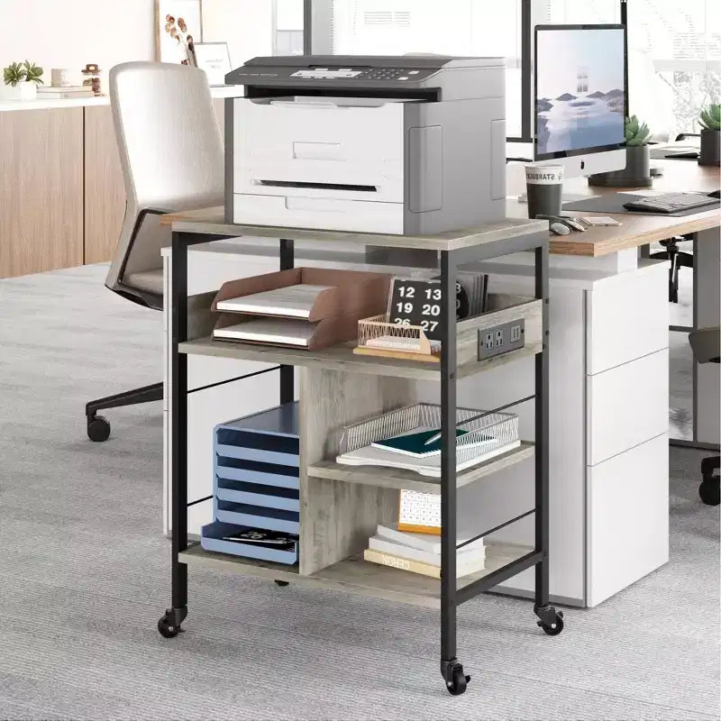 Support d'imprimante, Chariot d'imprimante mobile à 4 niveaux avec 2 prises et 2 ports USB - Support industriel à roulettes (Bureau à domicile/Scanner/Télécopieur)