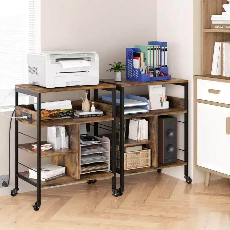 Support d'imprimante, Chariot d'imprimante mobile à 4 niveaux avec 2 prises et 2 ports USB - Support industriel à roulettes (Bureau à domicile/Scanner/Télécopieur)