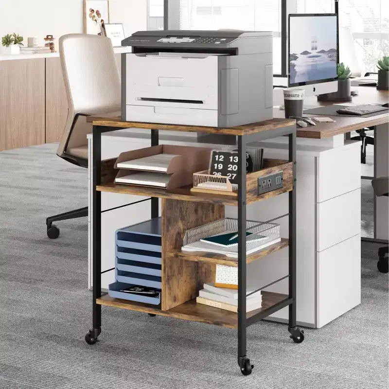 Support d'imprimante, Chariot d'imprimante mobile à 4 niveaux avec 2 prises et 2 ports USB - Support industriel à roulettes (Bureau à domicile/Scanner/Télécopieur)