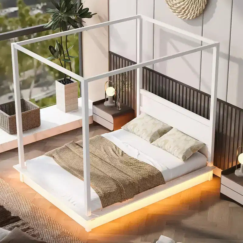 Cadre de lit plateforme Merax moderne avec LED, sommier à lattes et tête de lit