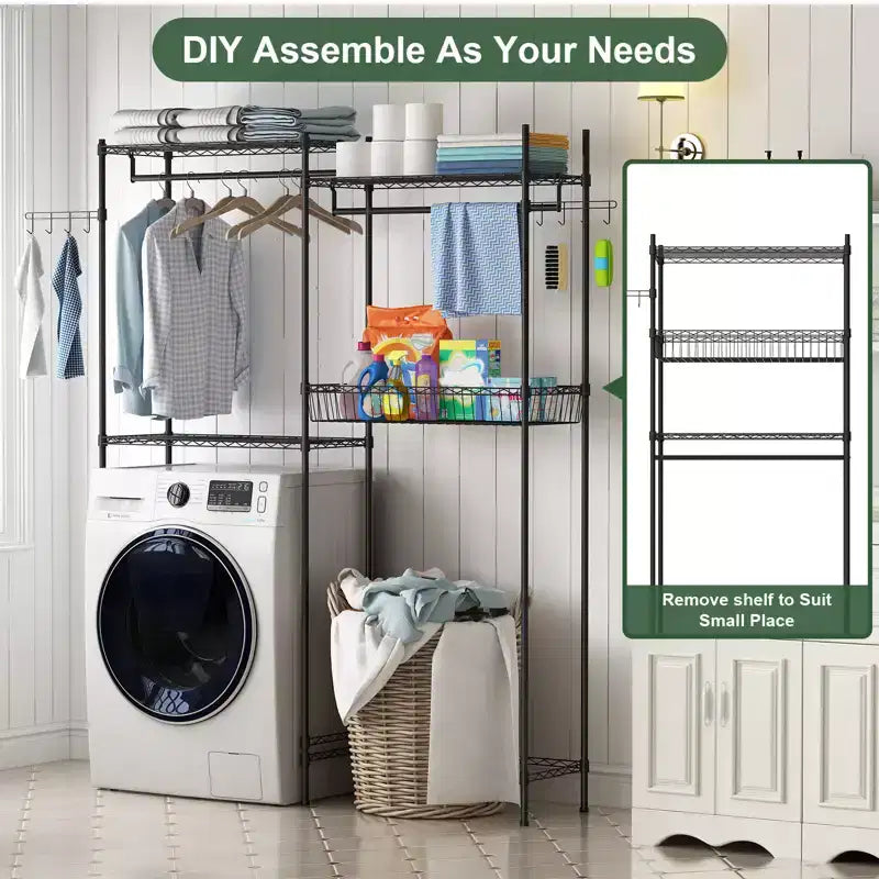 57,4 support de rangement au-dessus de la laveuse et de la sécheuse avec porte-serviettes réglables, panier à linge et crochets, organisation compacte pour la buanderie