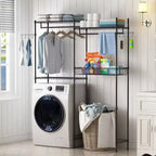 57,4 support de rangement au-dessus de la laveuse et de la sécheuse avec porte-serviettes réglables, panier à linge et crochets, organisation compacte pour la buanderie