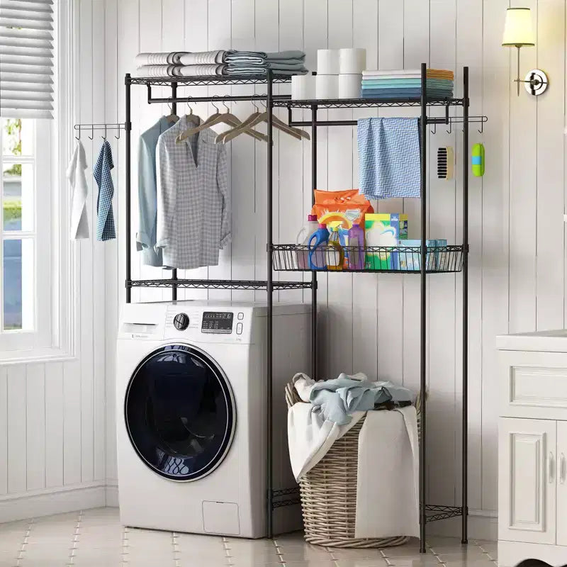 57,4 support de rangement au-dessus de la laveuse et de la sécheuse avec porte-serviettes réglables, panier à linge et crochets, organisation compacte pour la buanderie