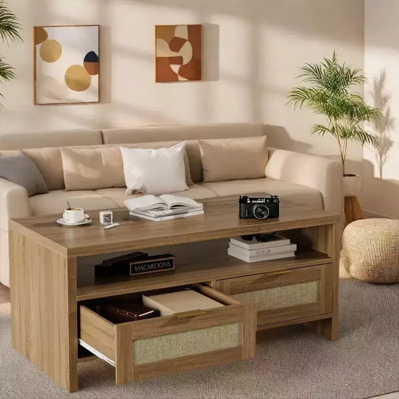 Table basse Acekool Bohemian Chic en chêne, tiroirs en rotin, poignées dorées, 2 tiroirs de rangement, moderne Mid-Century, marron vintage